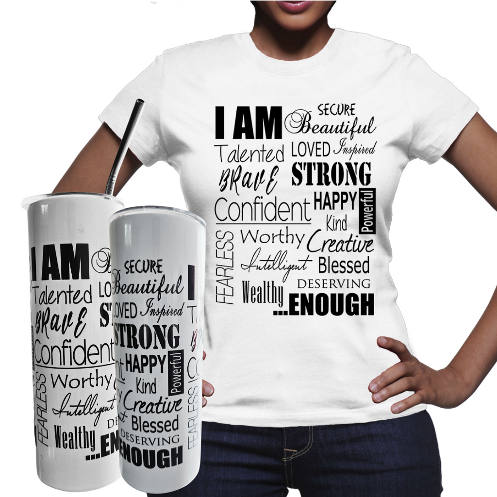 White I AM Positive Affirmation Tee & Tumbler Combo